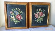 Vintage Framed Cross Stitch Design Artwork Floral Oak Frame Set of 2 Under Glass