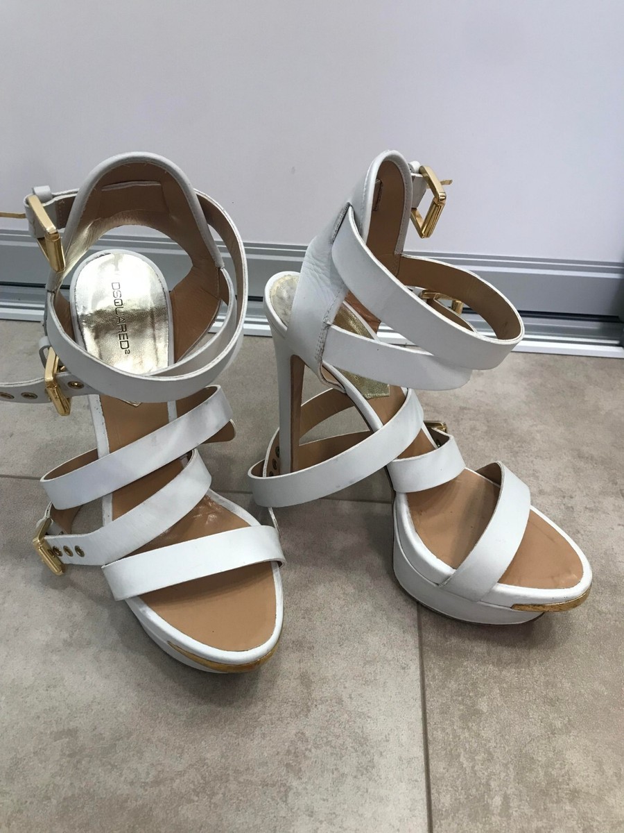 DSQUARED2 WHITE LEATHER STRAPPY BIKER SANDAL HEEL SHOES SIZE