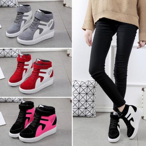 Women's Lace up Ankle Boots Hidden Wedge Heel Platform High Top Shoes Sneakers - Picture 1 of 13