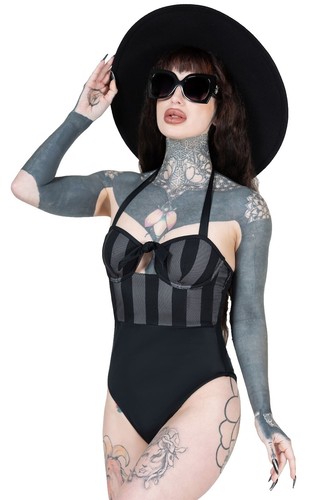 Gothic Cobweb Cutout Black Halter Neck One-Piece Swimsuit
