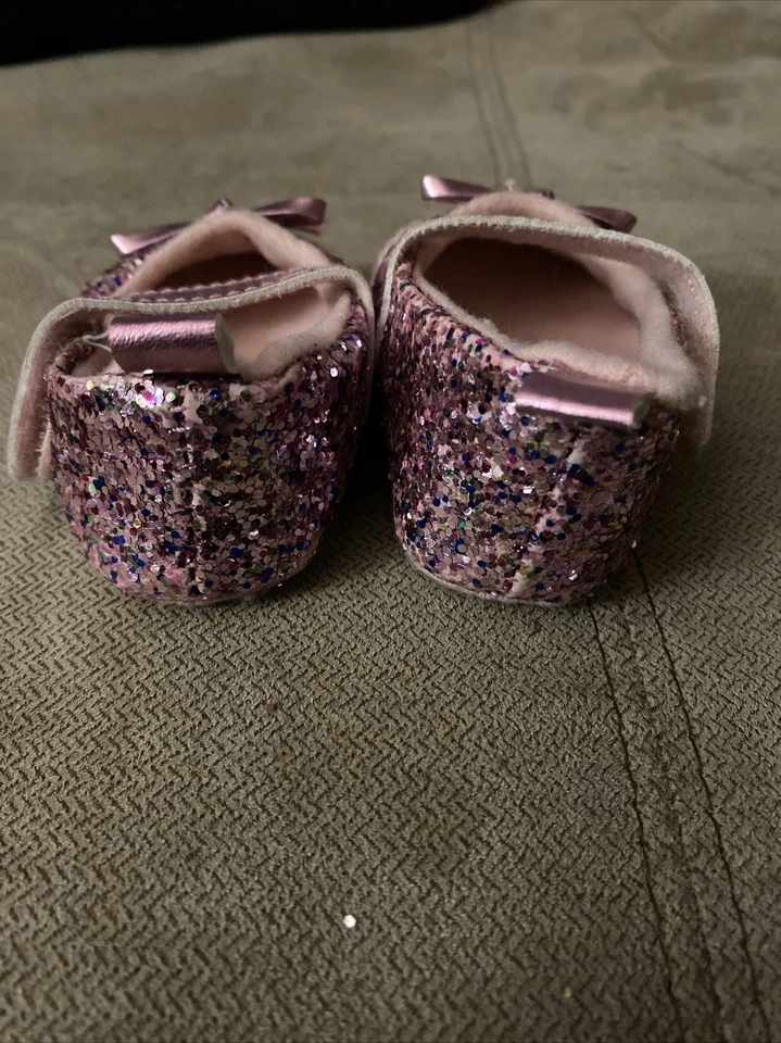 Laura Ashley Maryjane Crib Shoes Baby Pink Glitter With Bow Size 2 - Image 4 of 4