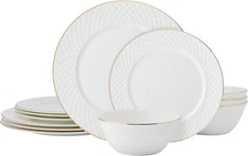 Trellis Gold Rim Bone China Lightweight Chip Resistant 12 Piece Dinnerware Set,