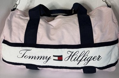 Tommy Hilfiger Canvas Duffle Bag Adjustable Straps Carry On Pink Navy White