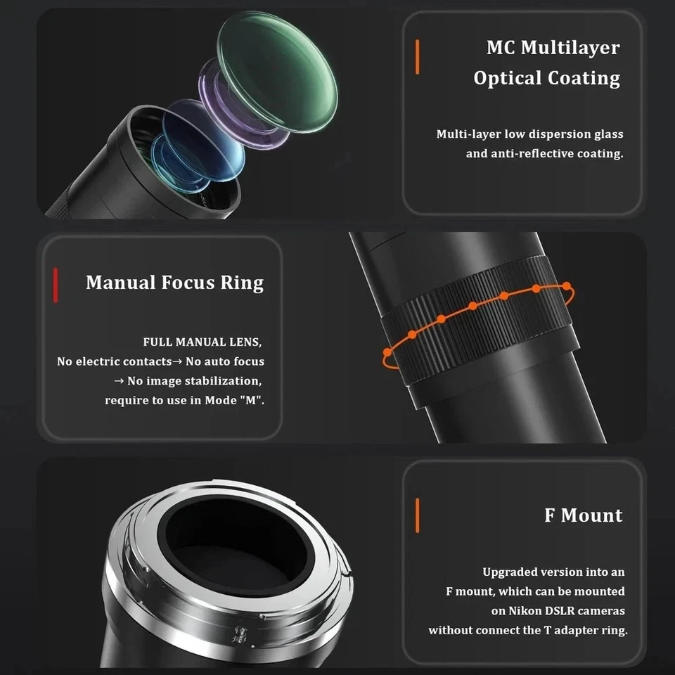 Nikon F Lens 420-800mm MF Zoom Telephoto for DSLR D850 D750 D3500 D5500 D7100 - Image 2 of 4