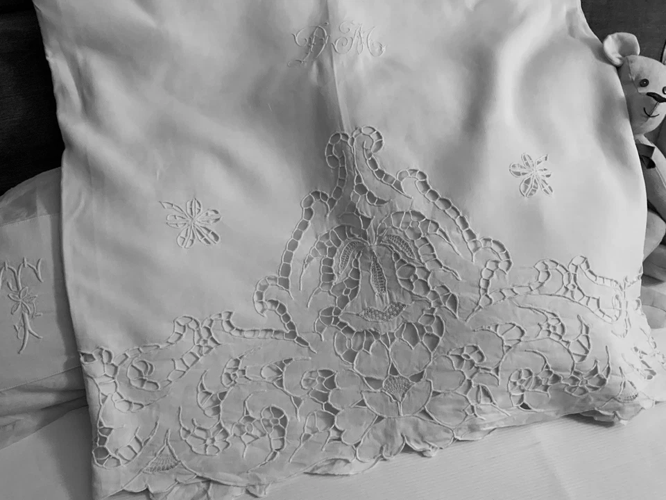 linge ancien Drap De Mariage DENTELLE Richelieu Festonné RETOUR  Monogramme D M - Photo 2/4
