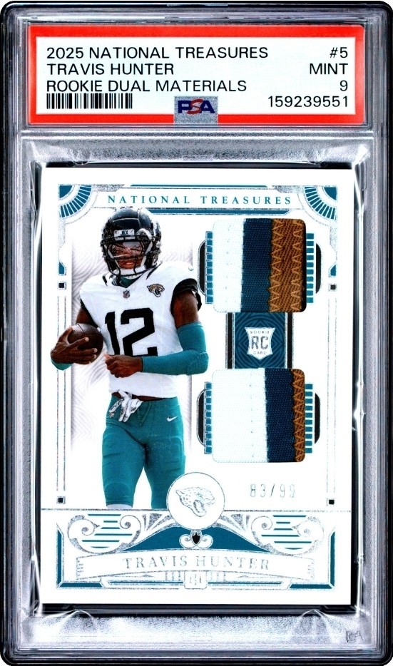 2025 Panini National Treasures-Rookie Dual Materials Travis Hunter #5 /99 PSA 9