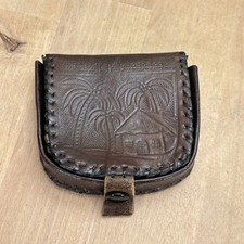 Mexican Hand-Tooled Leather Coin Purse, Brown Tropical Scene and Symbol, 3"w