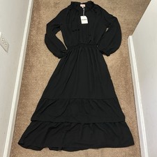 Show Me Your Mumu Dress Womens L Black Cait Midi Ruffle Satin Balloon Sleeve