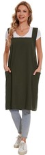 Linen Cotton Aprons for Women Smock Cross-Back Apron with Pockets 07-army Green