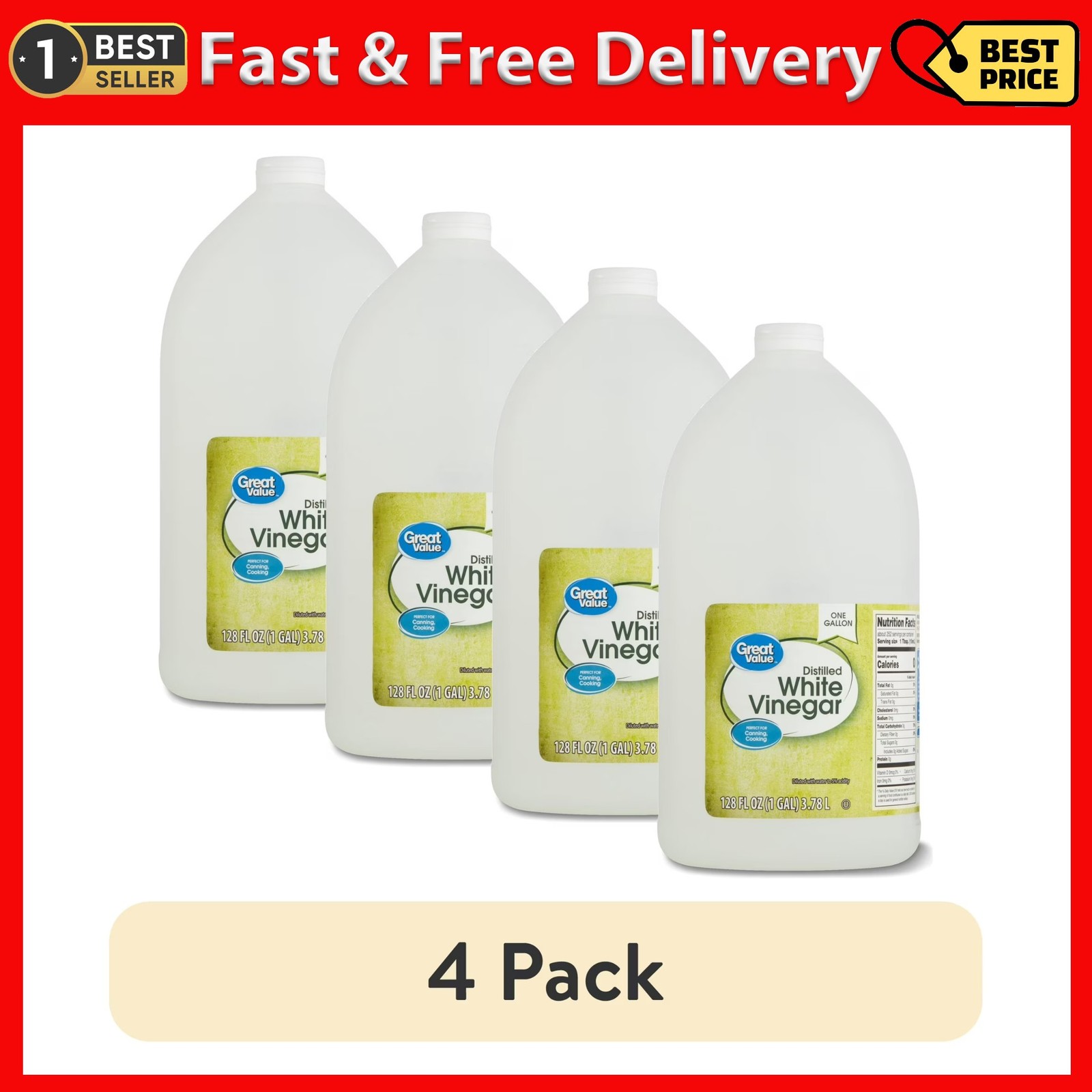 (4 pack) Great Value Distilled White Vinegar, 128 fl oz