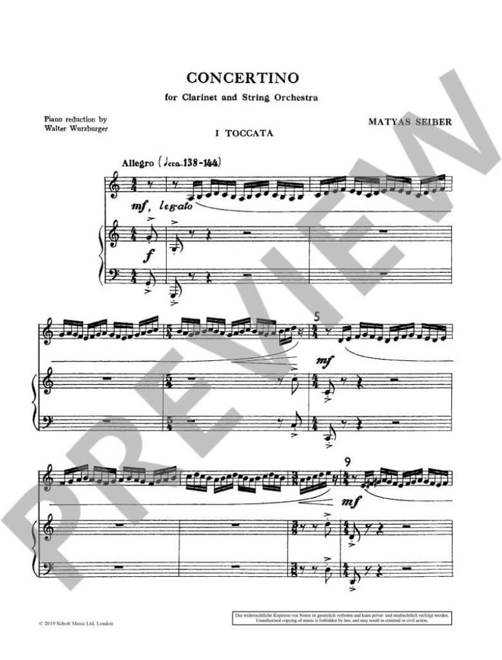 Concertino Matyas Seiber Piano Reduction Clarinet and String Orchestra Schott Mu - Image 3 of 4