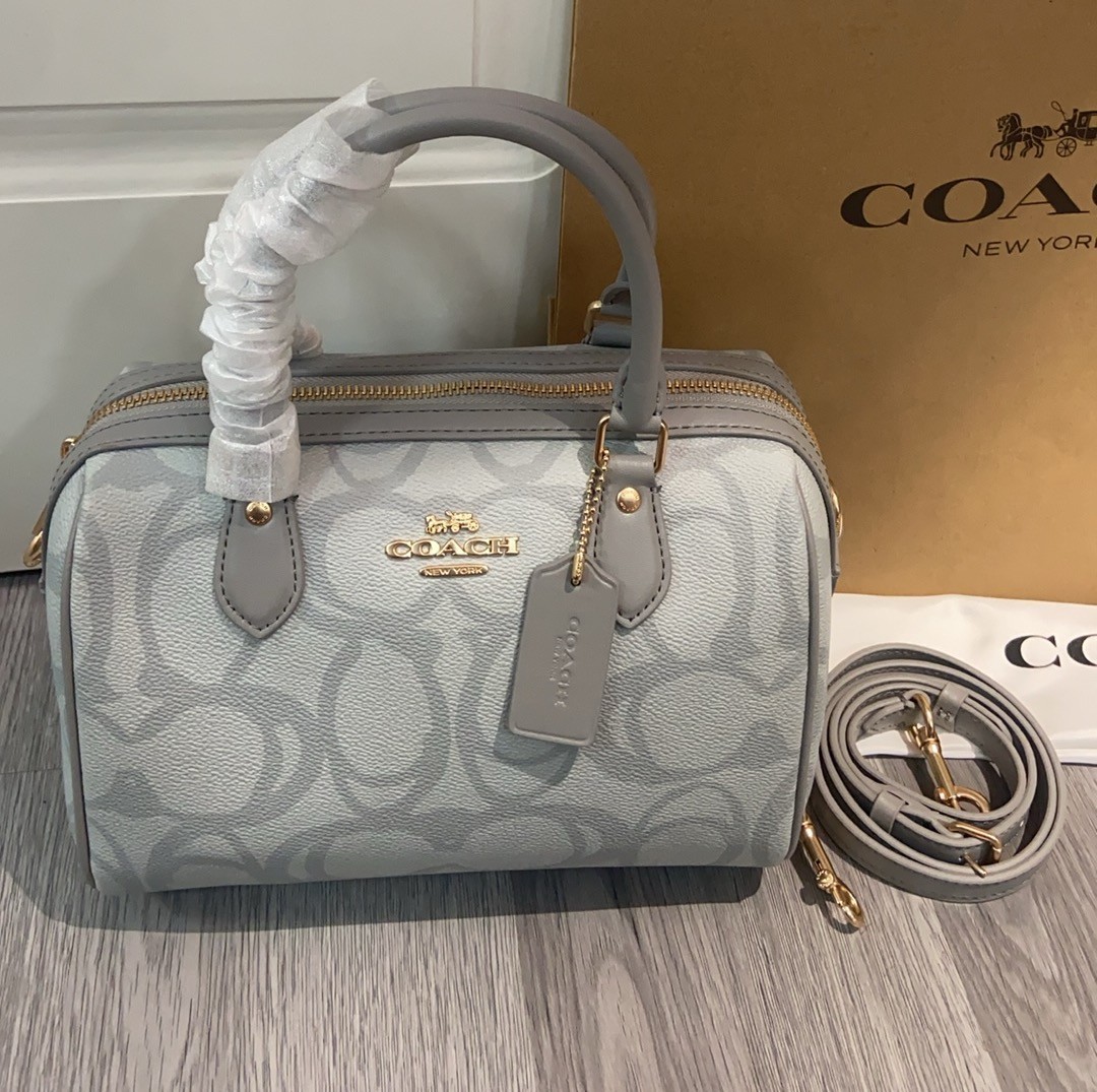 Coach Rowan Satchel Bag in Sketch Signature Canvas Gray White
