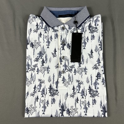 Greyson Golf Shirt Polo Fish Print Medium Blue Polyester Spandex NWT MSRP $118