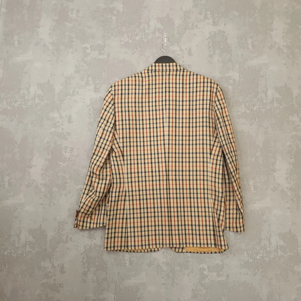 DAKS Blazer Men's Size 40R Tan Multi Check 100% Wool Leather Detail Tweed Jacket - Image 3 of 4