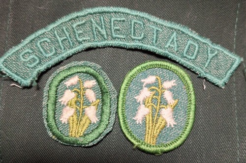 1948-1955 Girl Scout Council ID Strip SCHENECTADY NY + 2 Lily of Valley Crests