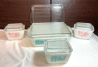 VINTAGE PYREX 2 TURQUOISE BUTTERPRINT AMISH DISHES & 2 GOOSEBERRY PINK DISHES