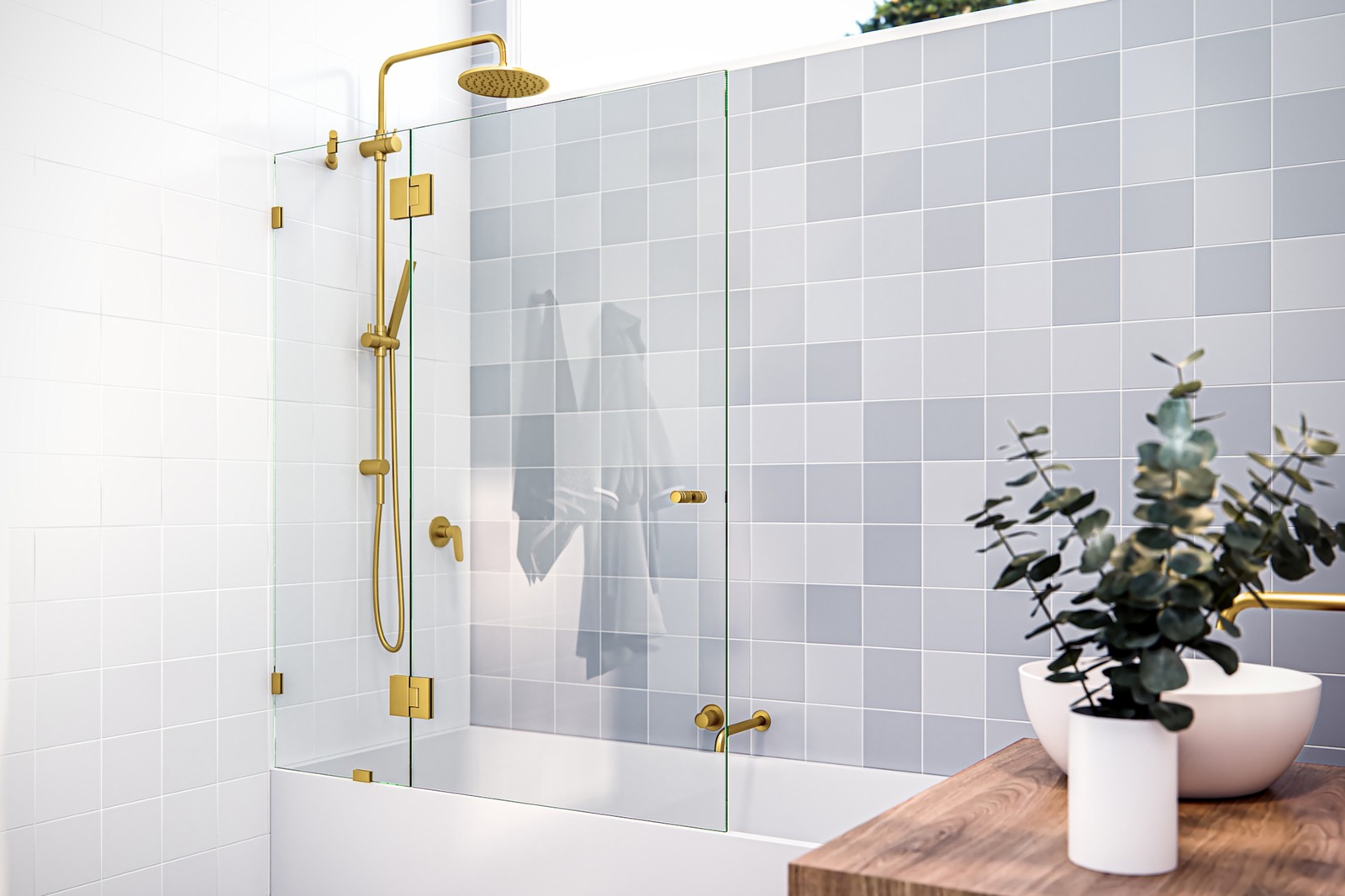 Glass Warehouse 58H x 48.5W Brass Hinged Halo Shower Door