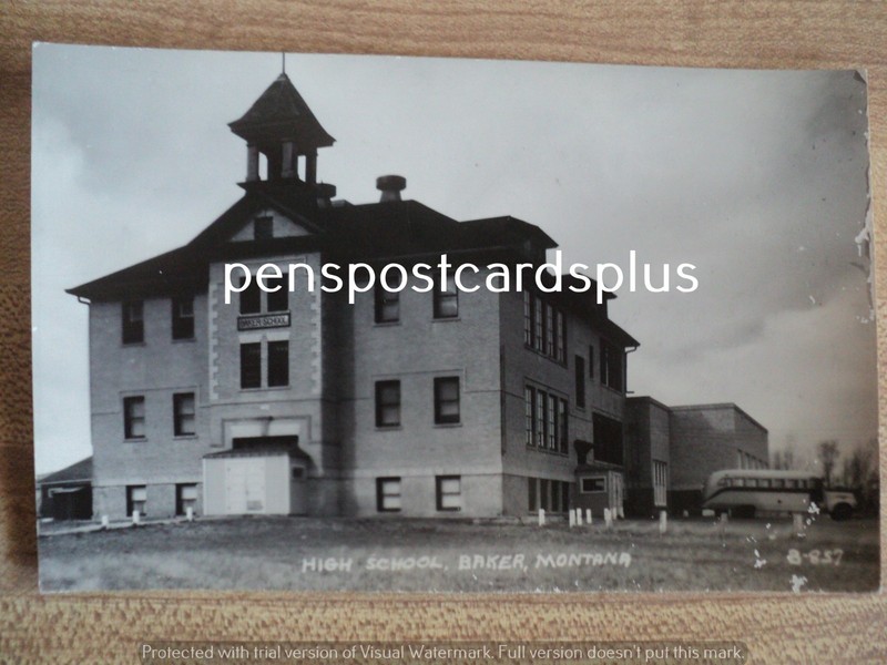 BAKER MT Montana the High School w. Bus  vintage RPPC Postcard