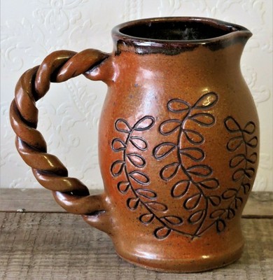 Vintage SALT GLAZE Studio Art Pottery STONEWARE Pitcher Twisted Handle SIGNED