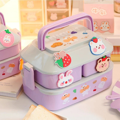 Kawaii Portable Lunch Box for Girls School Kids Plastic Picnic Bento Box Microwa