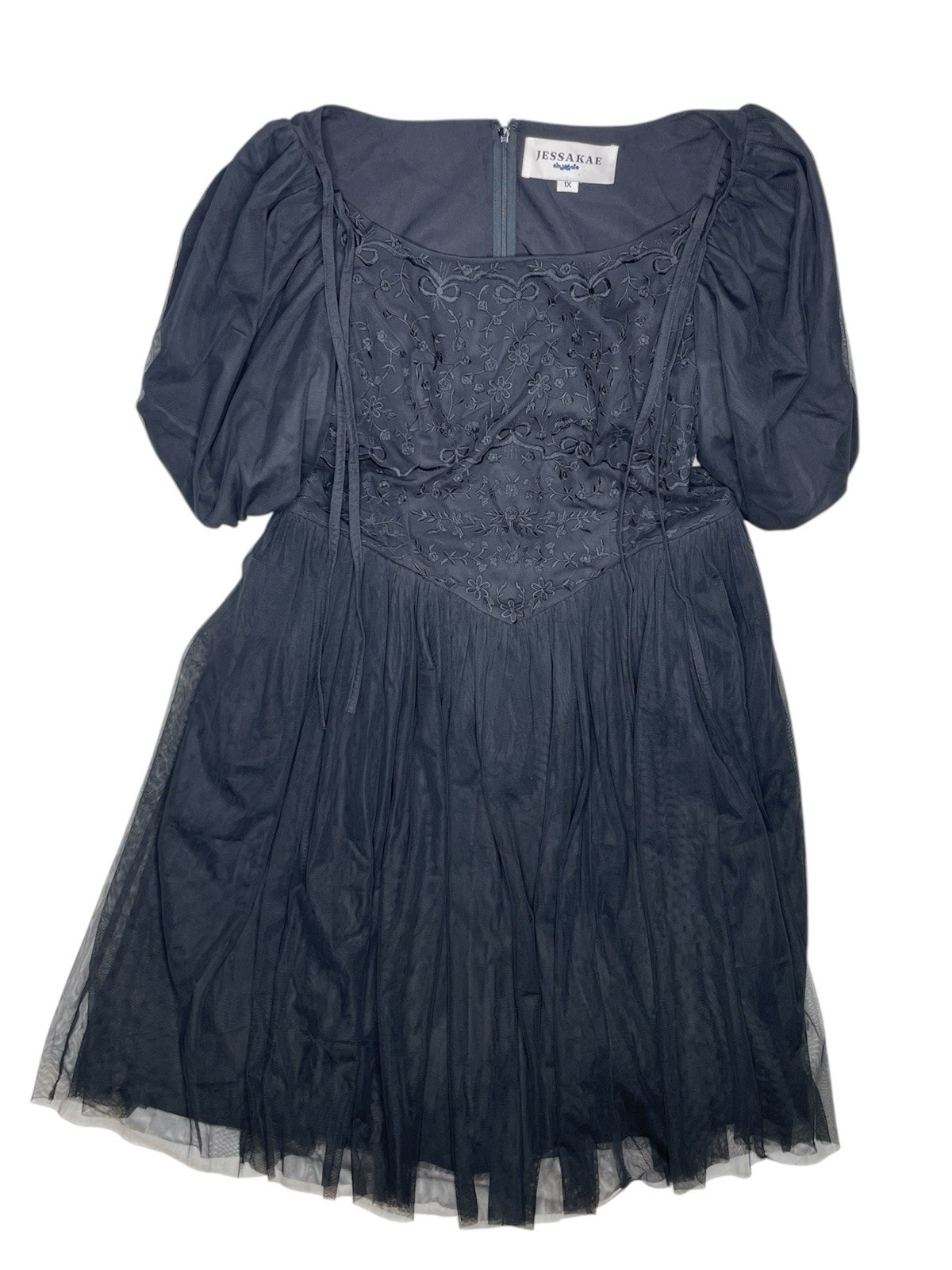 Jessakae Black Tulle Midi Dress 1X Smocked Puff Sleeve Cottagecore