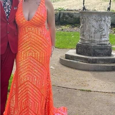 Jovani Orange Gold Sequin Geometric Mermaid Formal Dress V-Neck | eBay