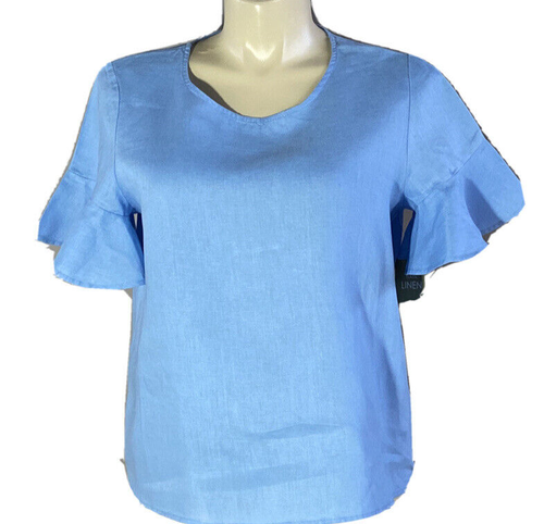 FOR CYNTHIA Top PXL Blue Linen Bl Short Ruffle Sl Keyhole Shirt NWT