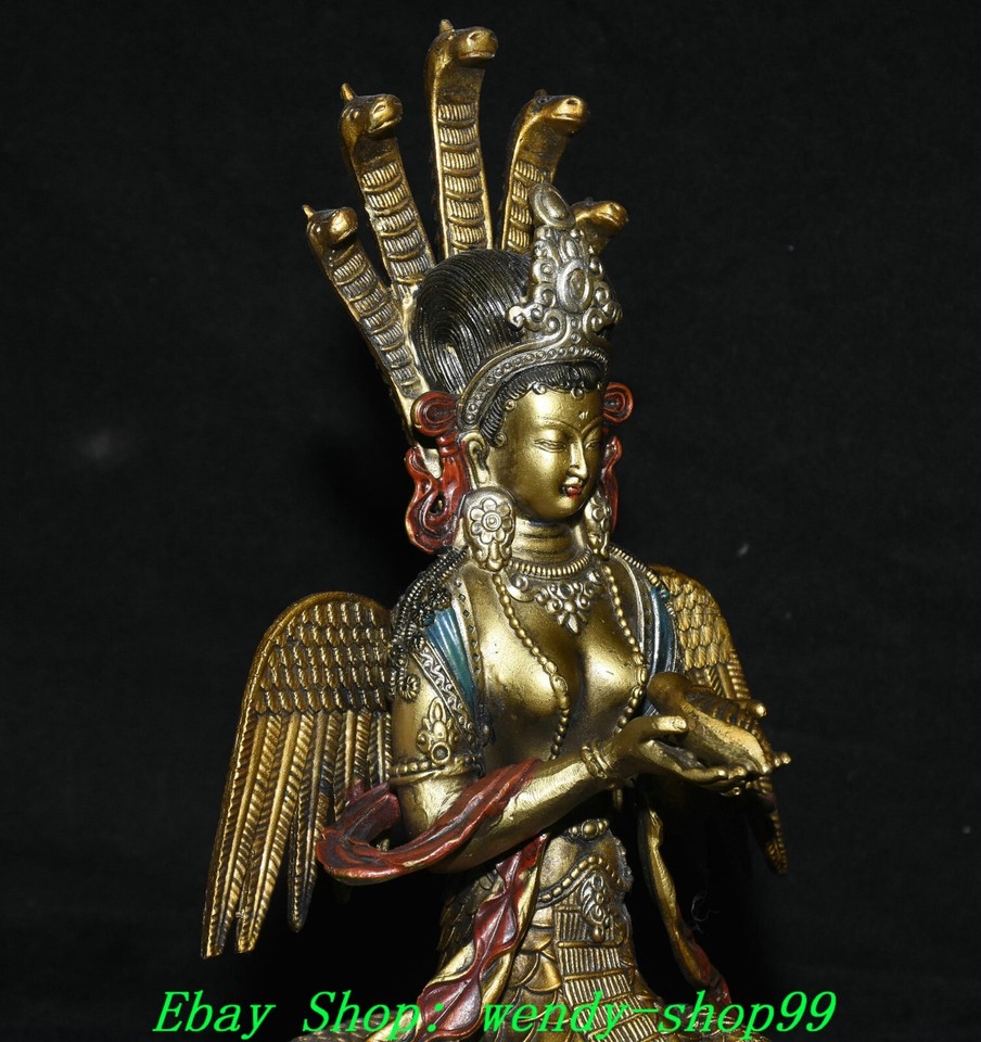 10" Old Tibetan Bronze Painting Gilt 5Heads Snake Naga Kanya Buddha