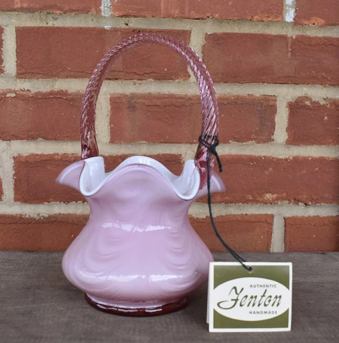 Vintage Fenton Dusty Rose Overlay Drape Pattern Basket