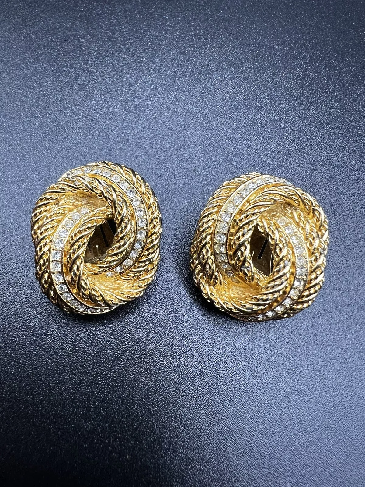 BOUCLES D'OREILLES CLIPS NŒUD CORDE TORSADÉE CRISTAL STRASS PLAQUÉ OR CHRISTIAN DIOR