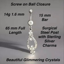 Belly Button Rings Crystal Shimmer 14g Surgical Steel Post Sterling Silver Charm
