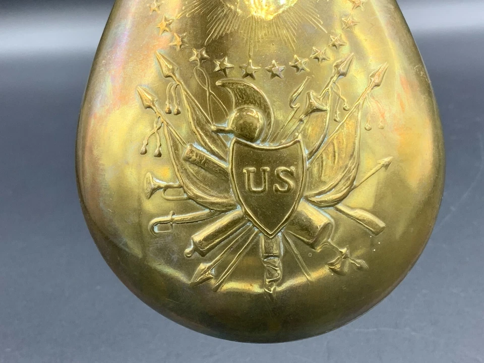 Antique Italian Replica Black Powder Flask Embossed Bronze Brass Hanging Hook - Image 3 of 4