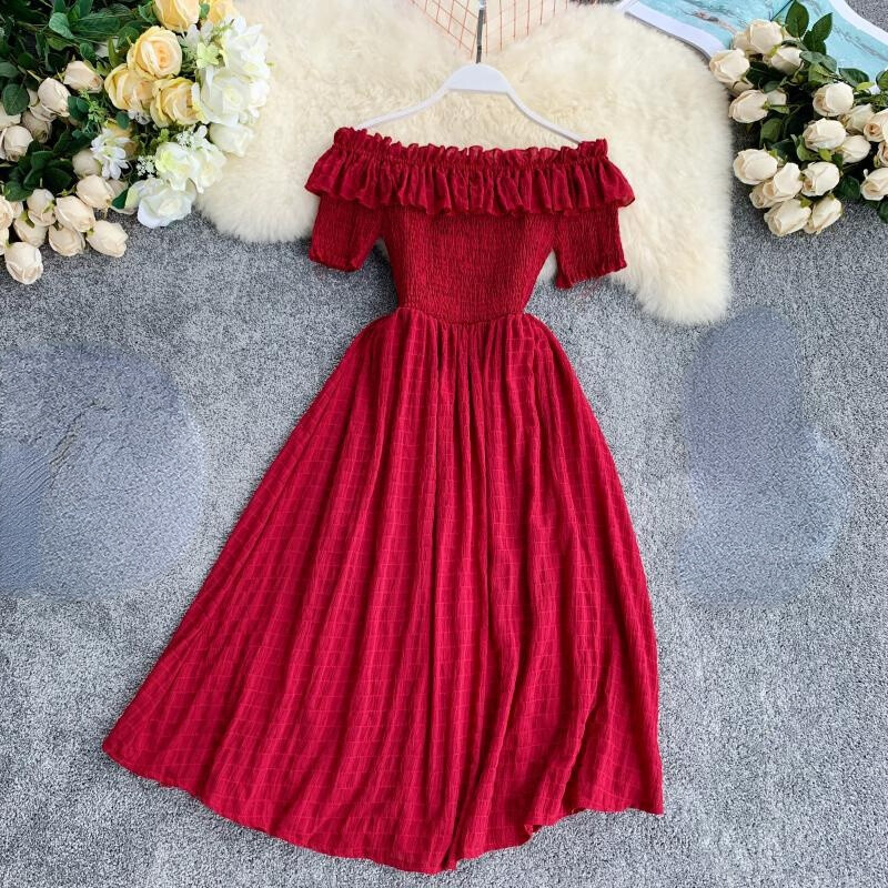 ruffles slash neck women dress summer off shoulder Women Off-shoulder Chiffon Dress Midi Ruffle Folding Short Sleeve Summer  Sweet