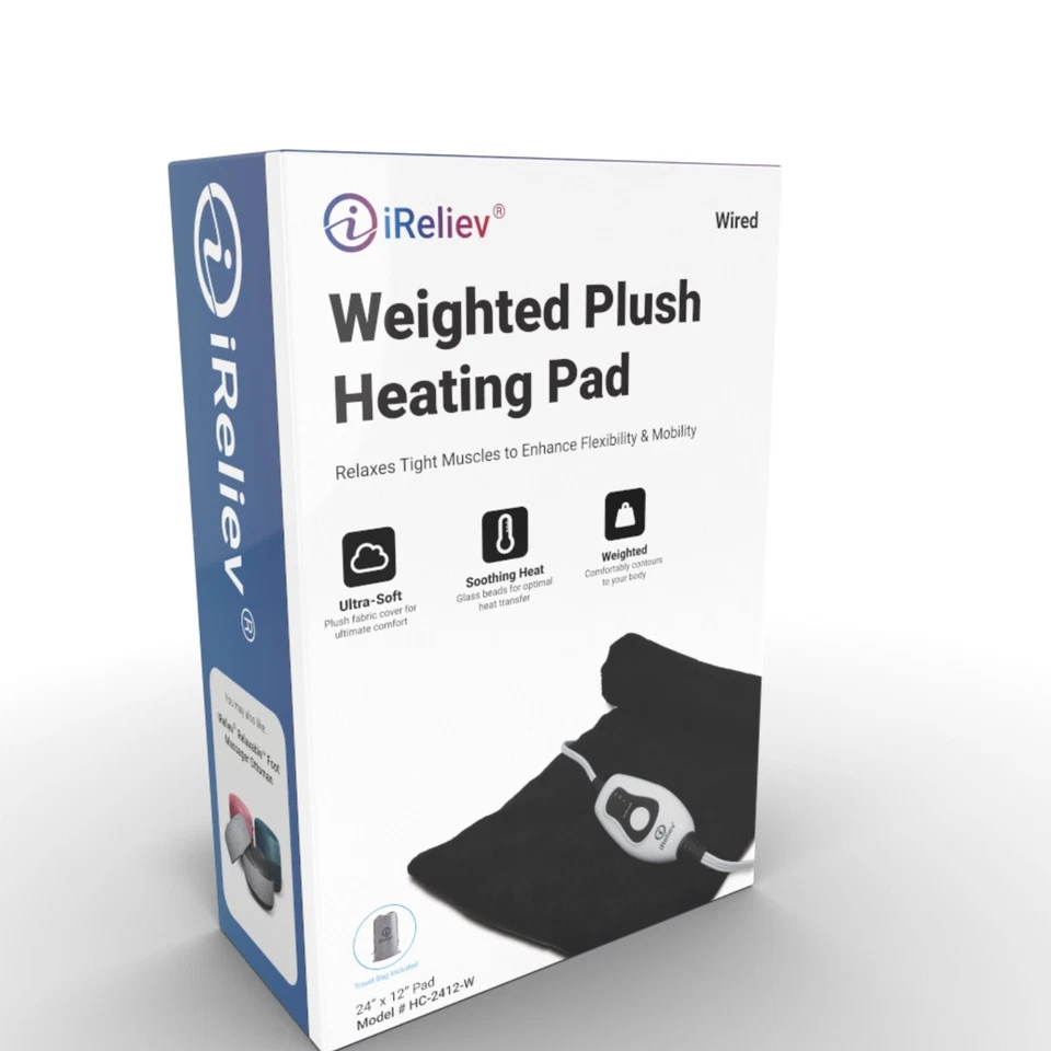 Almohadilla térmica iReliev, felpa suave con peso 24" x 12", negra, alivio temporal del dolor Foto 2 de 4