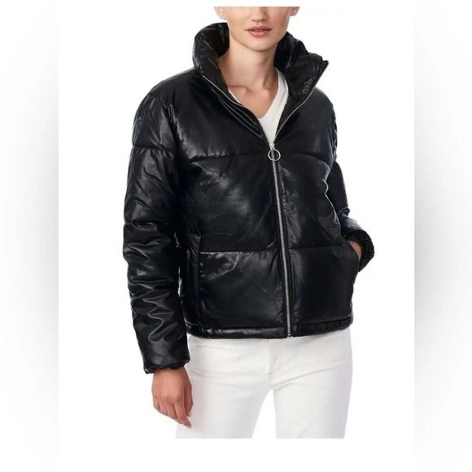 Jason Maxwell women's puffer coat  faux leather size medium black winter biker  - Image 2 of 4