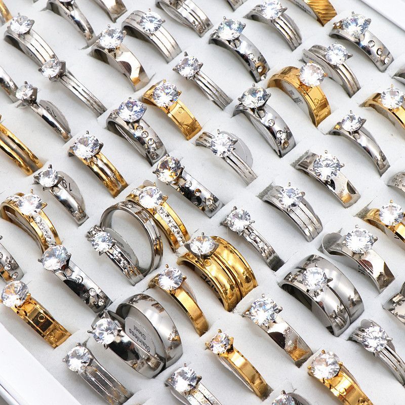 Zircon Wedding Band Rings - Stainless Steel Ring Unisex Jewelry Mix Style 50PCS-image