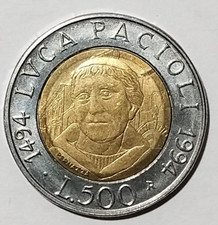 MONETA 500 LIRE FRA LUCA PACIOLI ANNIVERSARIO 500 ANNI 1494/1994  (C3)