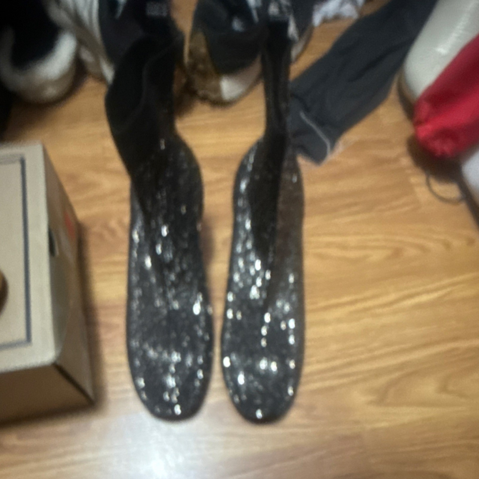 Black Sequin Accents Solid Pattern Knee High Wome… - image 1