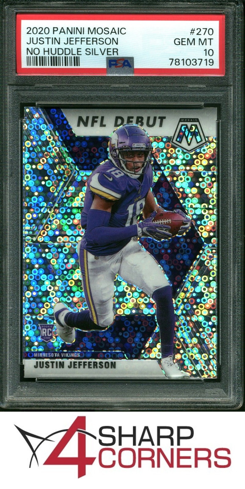 2020 PANINI MOSAIC NO HUDDLE SILVER PRIZM #270 JUSTIN JEFFERSON RC PSA 10 view 1
