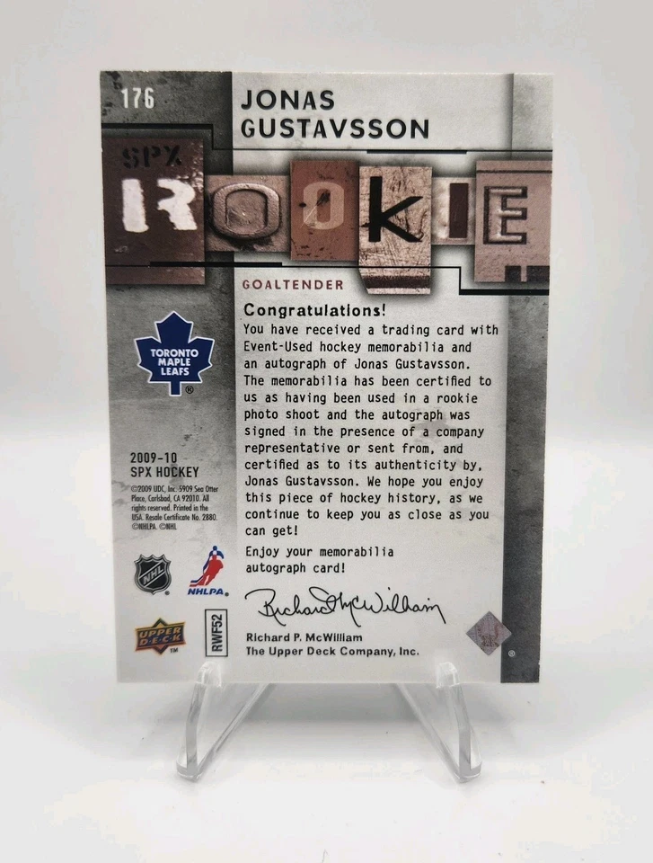 2009-10 SPx Rookie Auto Jersey /499 Jonas Gustavsson #176 Rookie Auto RC - Image 2 of 2