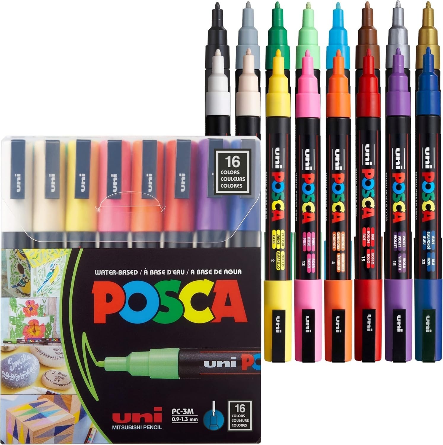 uni POSCA PC-3M Water-Based Paint Markers, Reversible Fine Tip 0.9-1.3mm, 16 Pcs