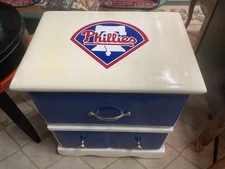 Blue and White Wood Nightstand with Phillies Logo, Glossy Finish, 2 Drawers