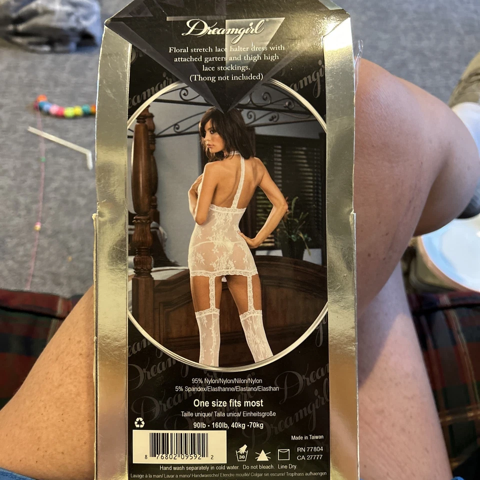 Vestido lencería halter de red Dreamgirl y medias ligeras adjuntas blancas 0074 Foto 3 de 4