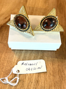 VTG Western Cowboy Screw On Gold Tone COLLAR TIPS Oval Mahogany Obsidian Stones