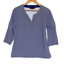 Jones New York Signature Shirt Women's Large Blue White Geometric 3/4 Sleeve Top