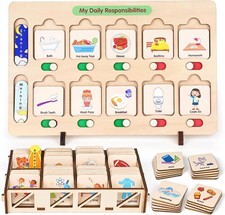 Wooden Visual Schedule for Kids Chore Chart, Morning Natural Color