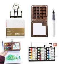 24 Colors Watercolor Paint Set With Walnut Wood Palette Travel Watercolour Kit