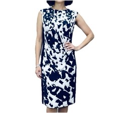 Ralph Lauren Navy Blue Ivory Geo Ruched Stretch Sleeveless Sheath Dress Size 14