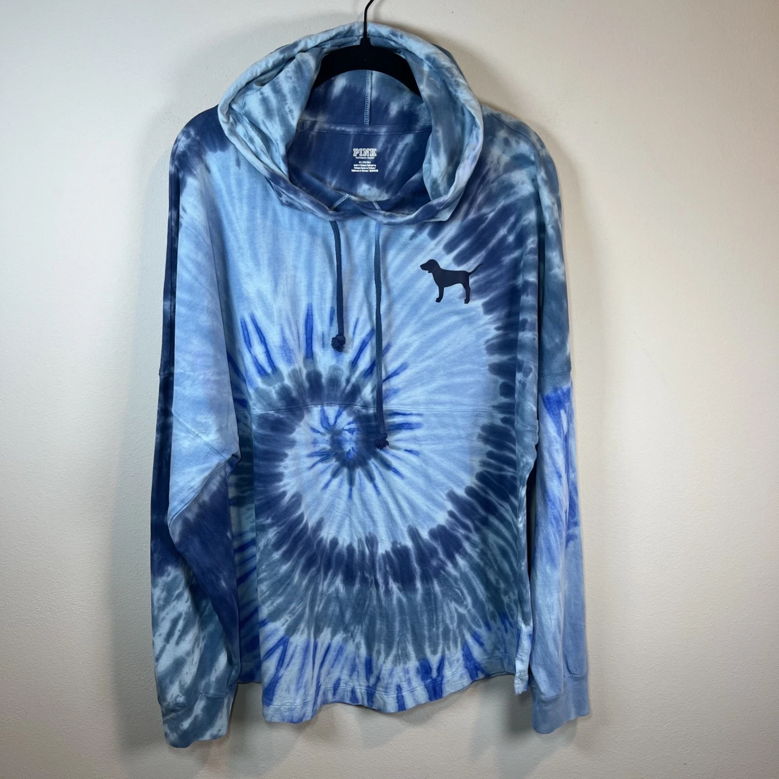 Victoria's Secret PINK Spell Out Varsity Hoodie Shirt Blue Tie Dye Jersey Medium