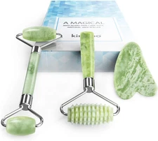 Jade Roller and Gua Sha for Face-3 in 1 Kit with Facial Massager Tool,100% Real
